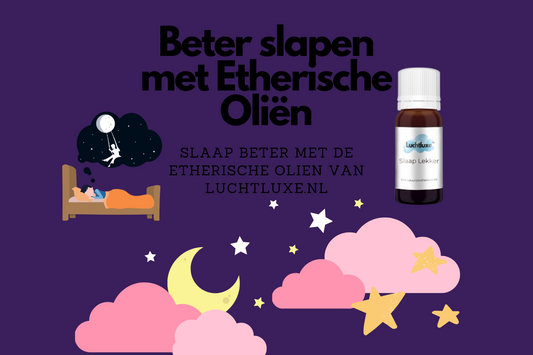 Etherische olie voor beter slapen, met een illustratie van een slapend persoon en nachtelijke sterrenhemel.
