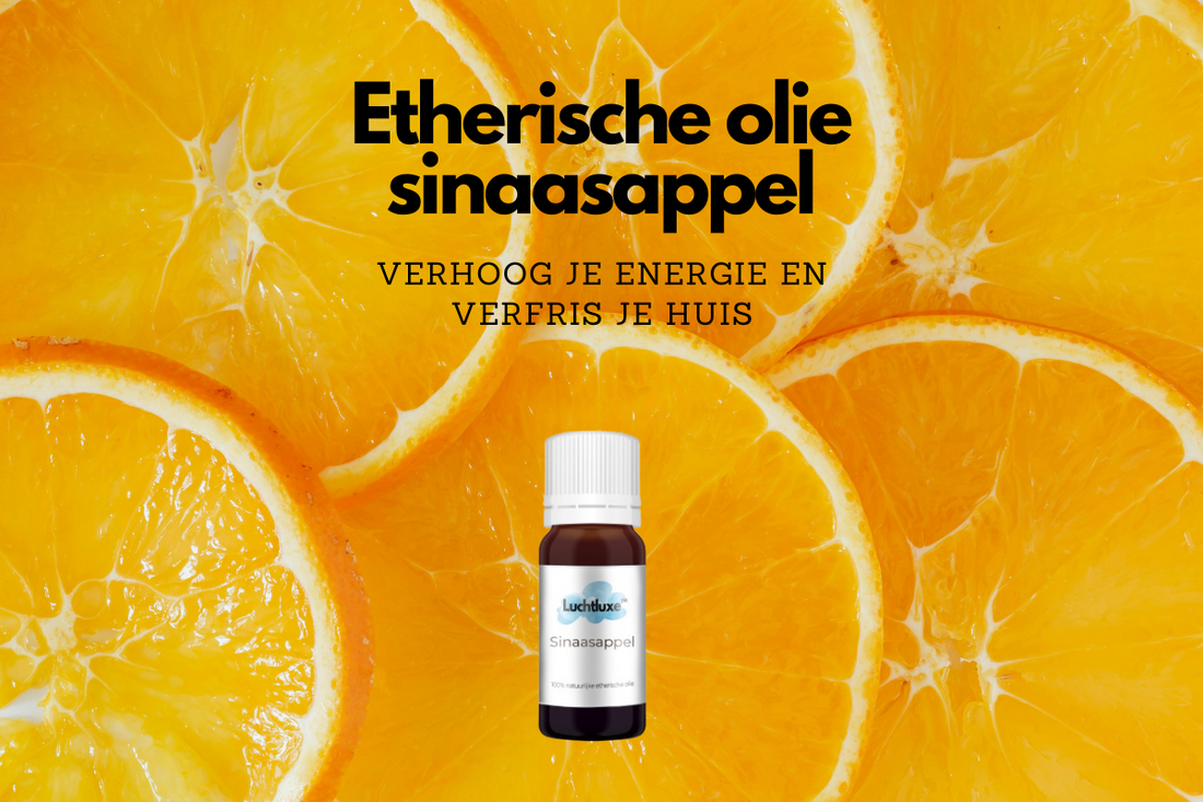 Sinaasappel etherische olie, verfrissend en energie verhogend, tegen een achtergrond van sinaasappelschijfjes.