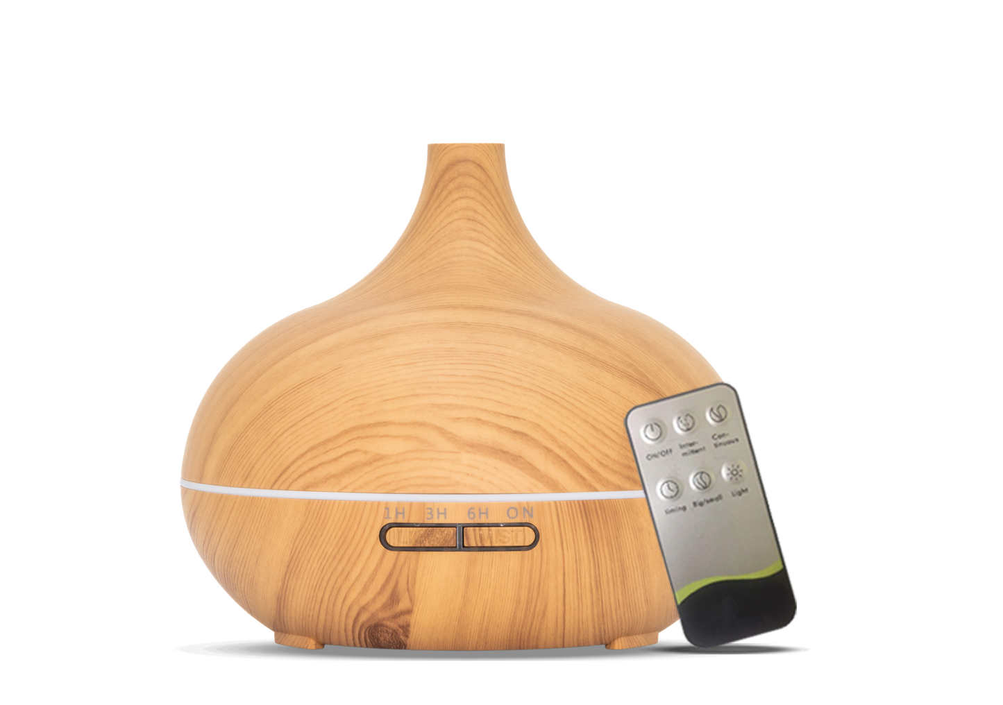 Houten aromadiffuser met een bolvormig ontwerp, instelbare timeropties, LED-verlichting en een handige afstandsbediening.