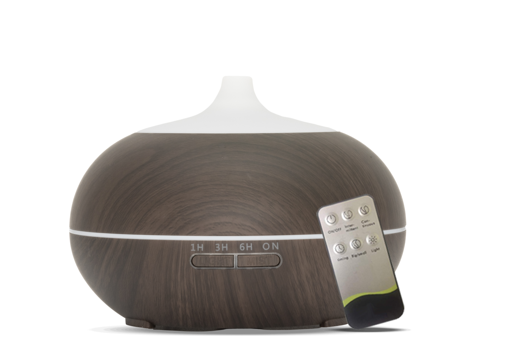 Compacte aroma diffuser in donker houtlook met een witte kap, inclusief afstandsbediening. Voorzien van instelbare timer (1u, 3u, 6u) en LED-verlichting.