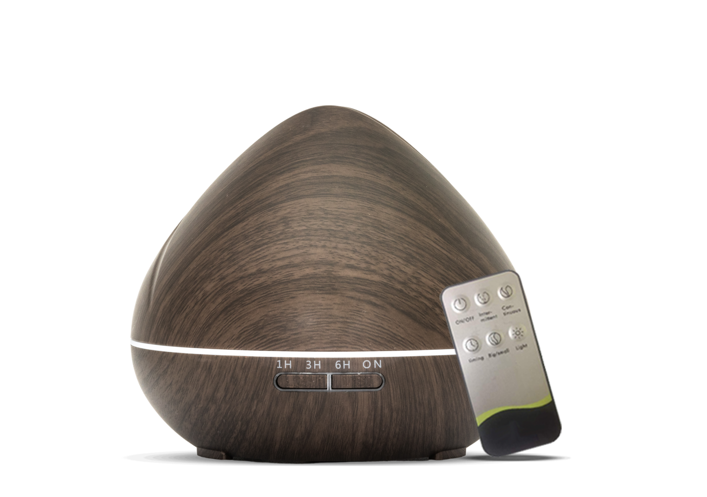 Houten aroma diffuser in druppelvorm met LED-licht, afstandsbediening, timeropties (1u, 3u, 6u, continu) en instelbare lichtinstellingen.