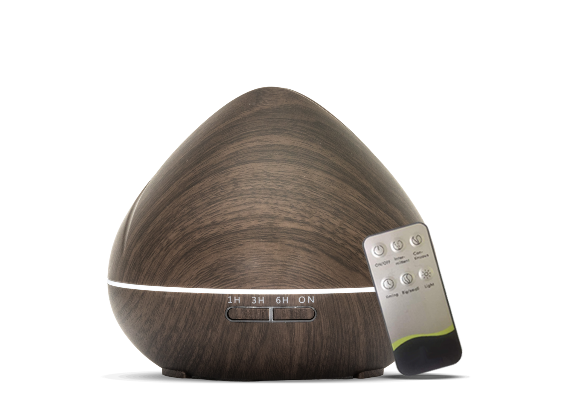 Houten aroma diffuser in druppelvorm met LED-licht, afstandsbediening, timeropties (1u, 3u, 6u, continu) en instelbare lichtinstellingen.