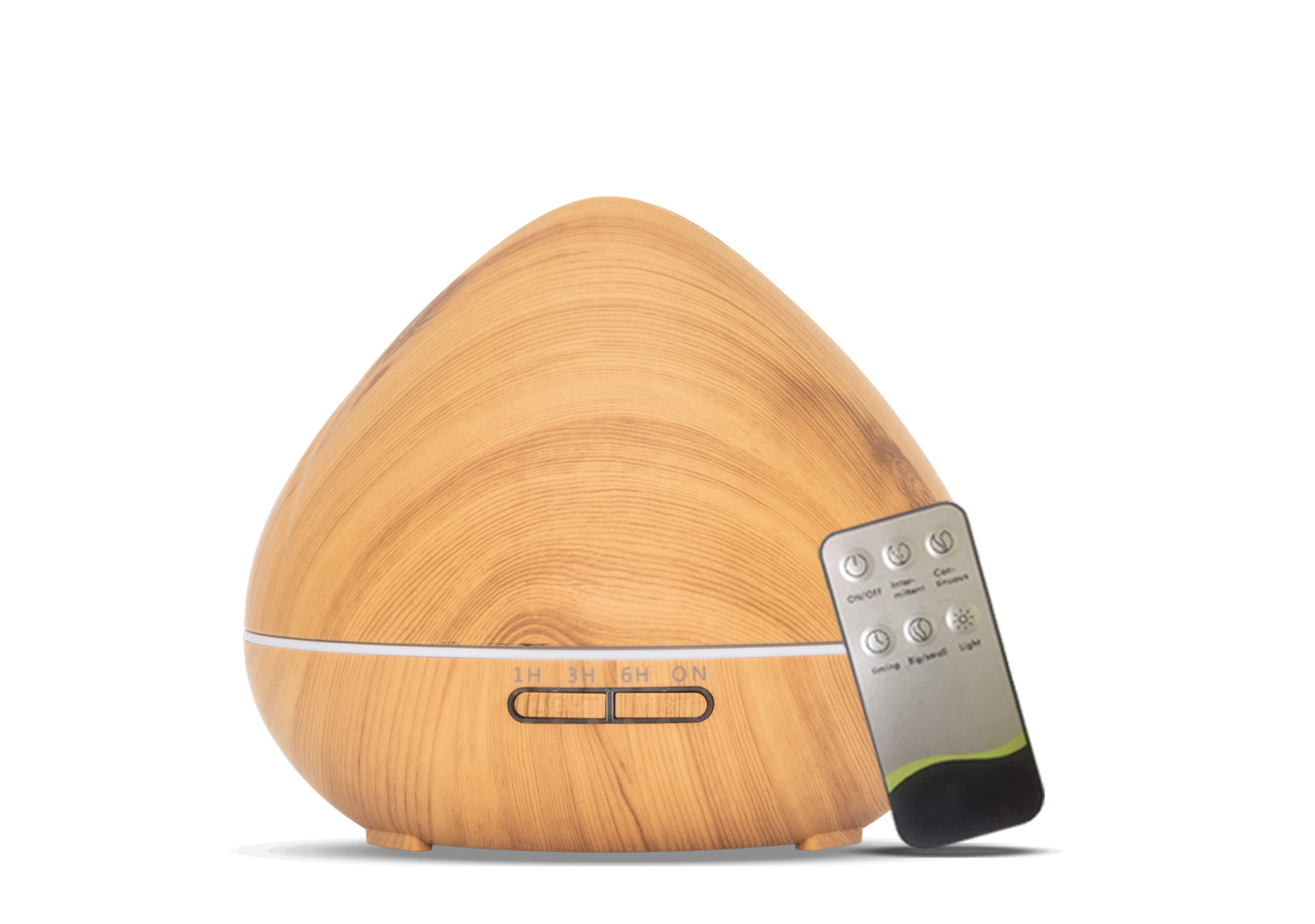 Lichte houten aroma diffuser in druppelvorm met LED-lichtstrip en afstandsbediening. Inclusief timeropties (1u, 3u, 6u, continu) en lichtinstellingen.