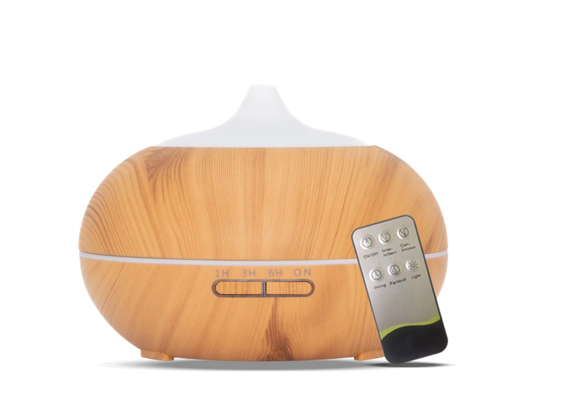 Lichte houten aroma diffuser met witte bovenkant en afstandsbediening. Voorzien van timeropties (1u, 3u, 6u, continu) en LED-verlichting.