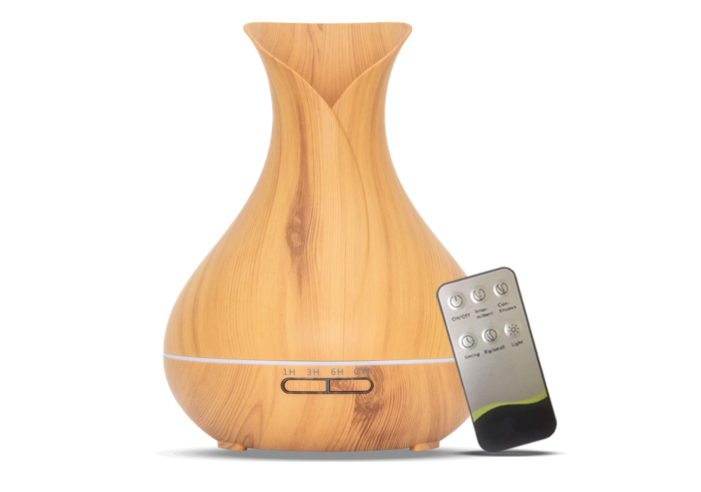 Stijlvolle houten aroma diffuser in vaasvorm met afstandsbediening. Beschikt over timeropties (1u, 3u, 6u) en sfeervolle LED-verlichting.