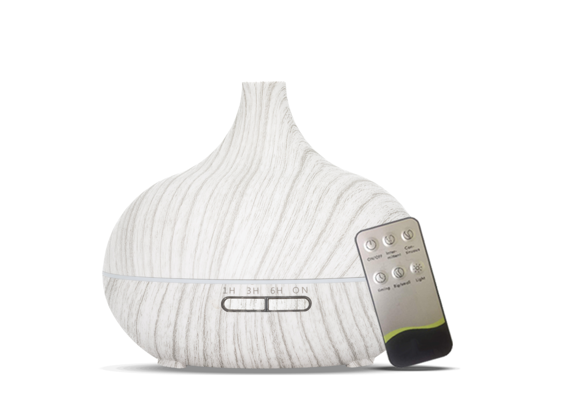 Stijlvolle aroma diffuser in witte houtlook met een sierlijke ronde vorm, inclusief afstandsbediening. Met instelbare timer (1u, 3u, 6u) en sfeervolle LED-verlichting