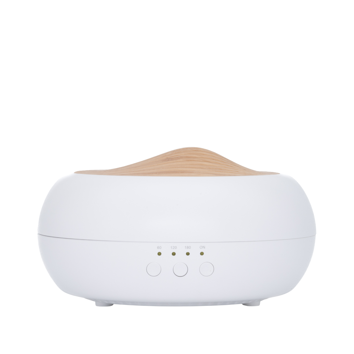 Witte aroma diffuser met een houten bovenkant en bedieningsknoppen. Voorzien van timeropties (60, 120, 180 minuten) en een continuemodus.