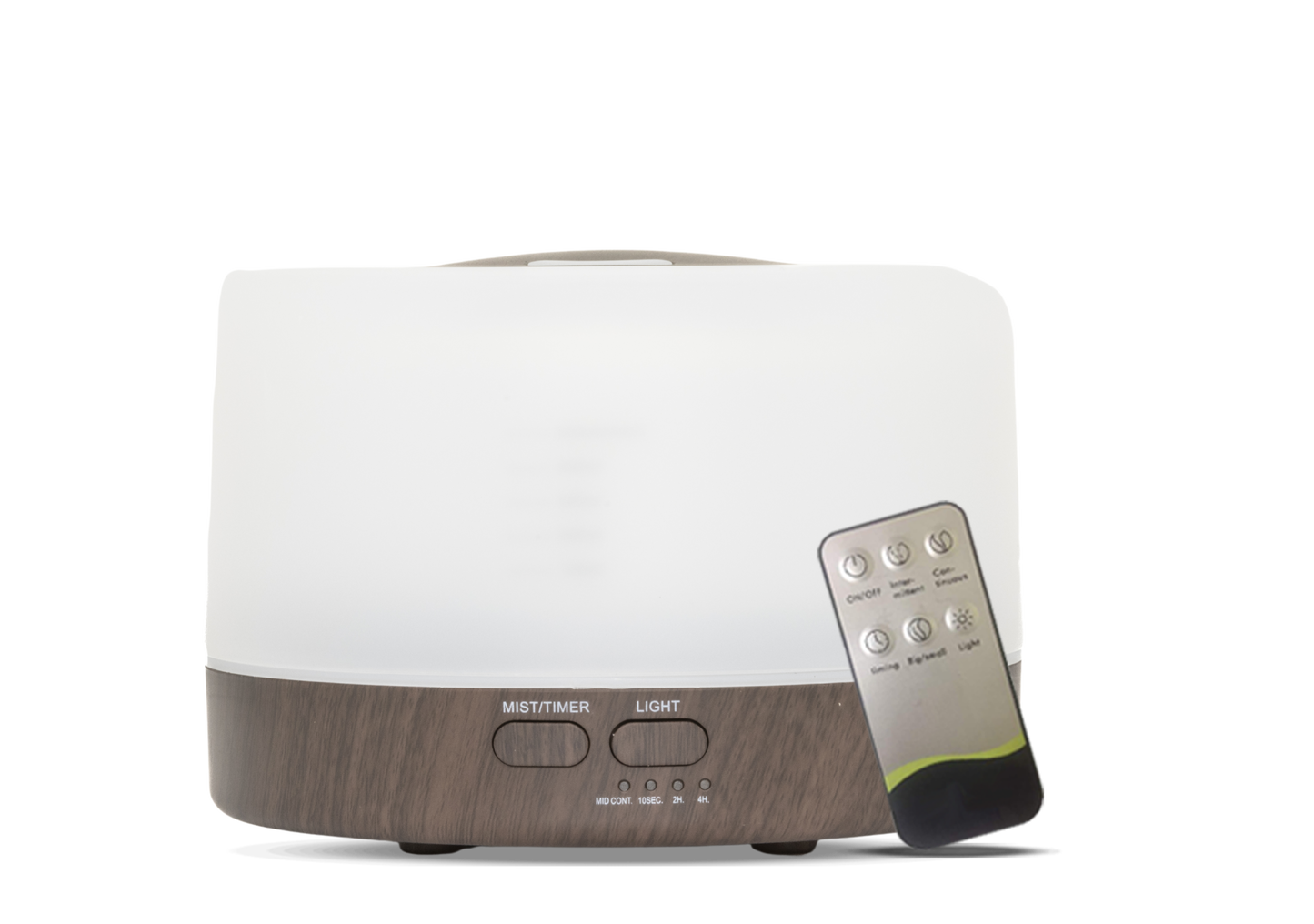 Moderne aroma diffuser met een eenvoudig rechthoekig design en houtafwerking. Voorzien van afstandsbediening, verstelbare timeropties (100 sec, 2 uur, 4 uur) en een zachte LED-verlichting voor een rustgevende sfeer.
