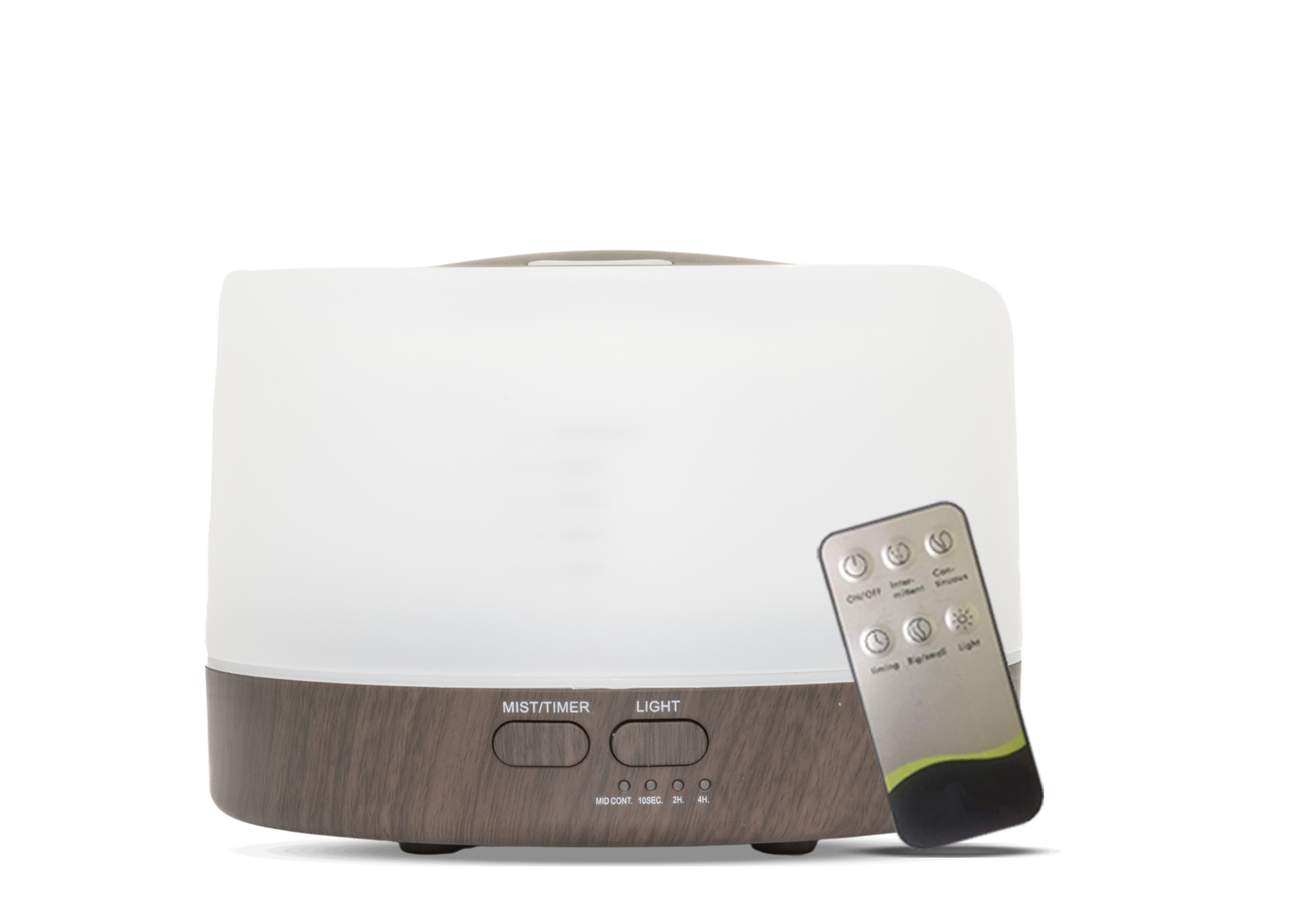 Moderne aroma diffuser met een eenvoudig rechthoekig design en houtafwerking. Voorzien van afstandsbediening, verstelbare timeropties (100 sec, 2 uur, 4 uur) en een zachte LED-verlichting voor een rustgevende sfeer.