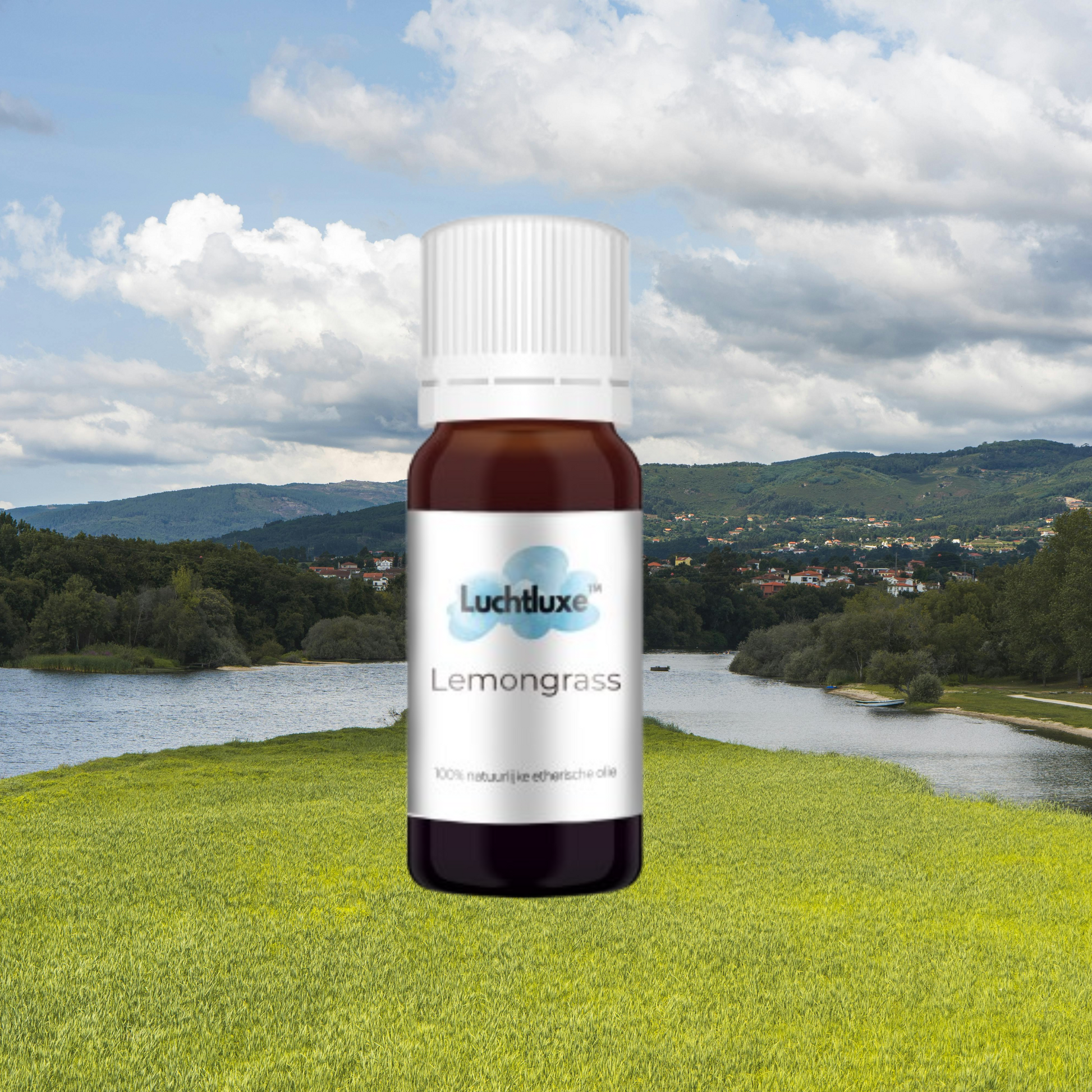 Een flesje met etherische olie lemongrass, geschikt voor gebruik in aroma diffusers, met een natuurlijke geur voor ontspanning en welzijn.