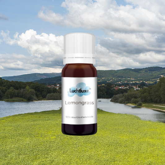 Een flesje met etherische olie lemongrass, geschikt voor gebruik in aroma diffusers, met een natuurlijke geur voor ontspanning en welzijn.